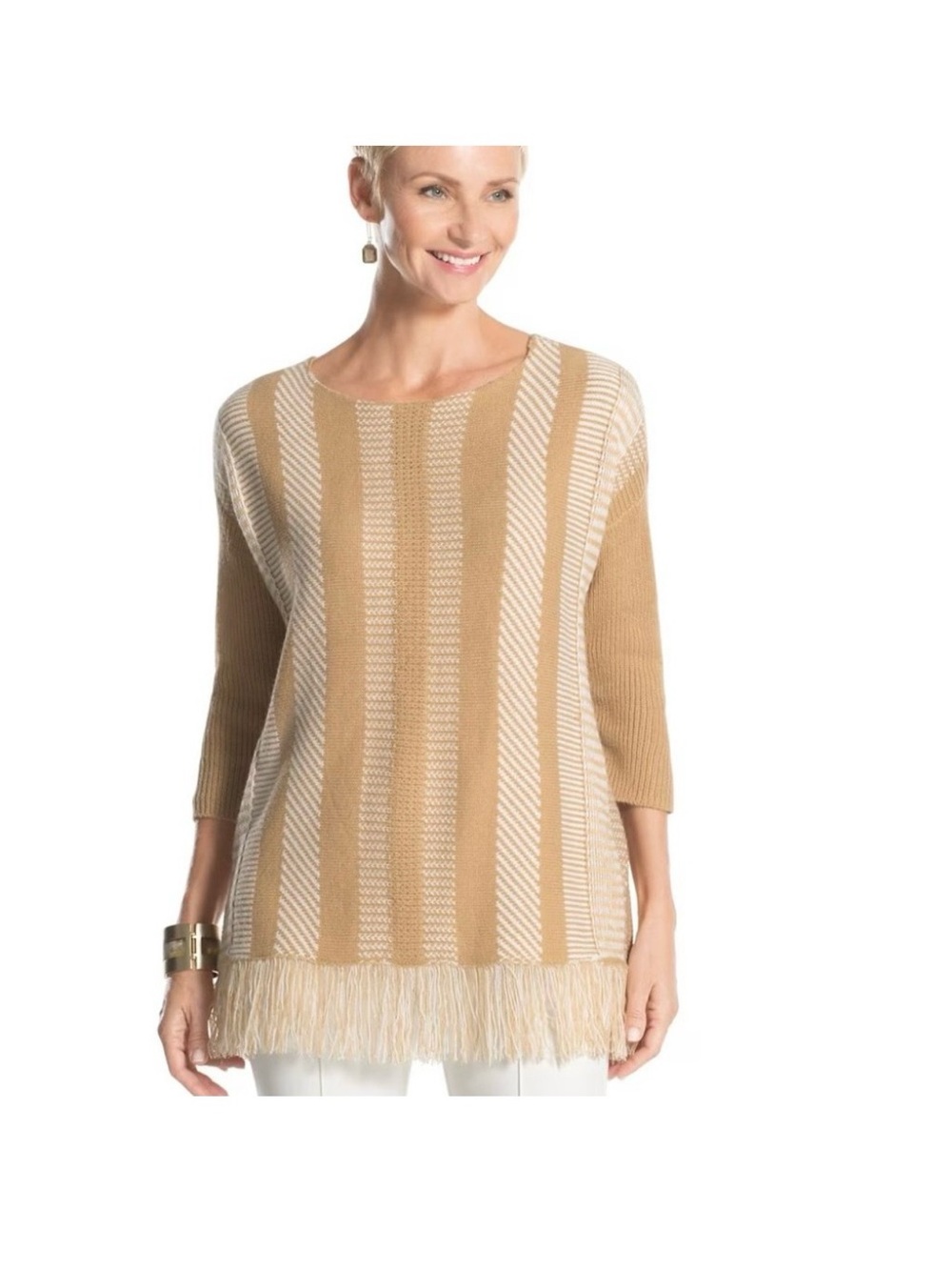 Chicos Fringe-Hem Stripe Knit Sweater - Camel & Cream
